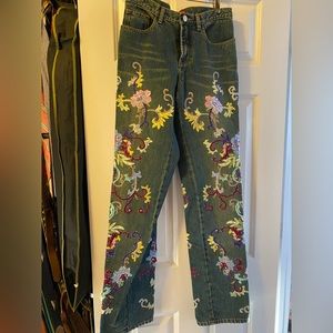 Shanghai Tang embroidered beaded jeans